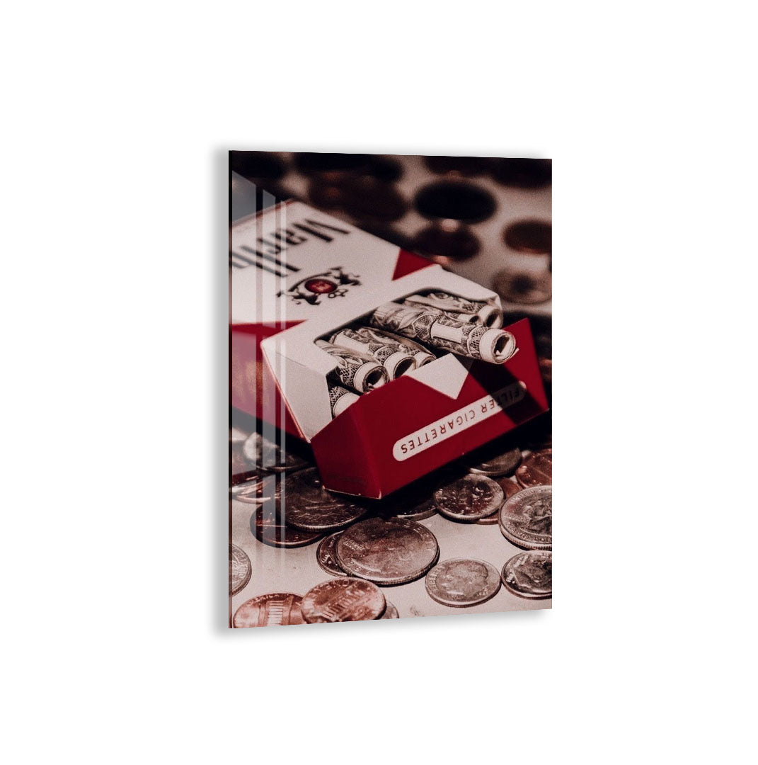 Money Cigarette Pack Glass Wall Art – Creative Pop Culture Decor for Modern Interiors