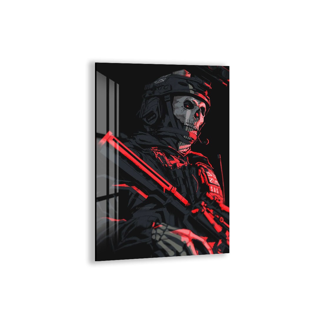 Ghost Soldier Glass Wall Art – Gaming Inspired Military Decor for Modern Interiors