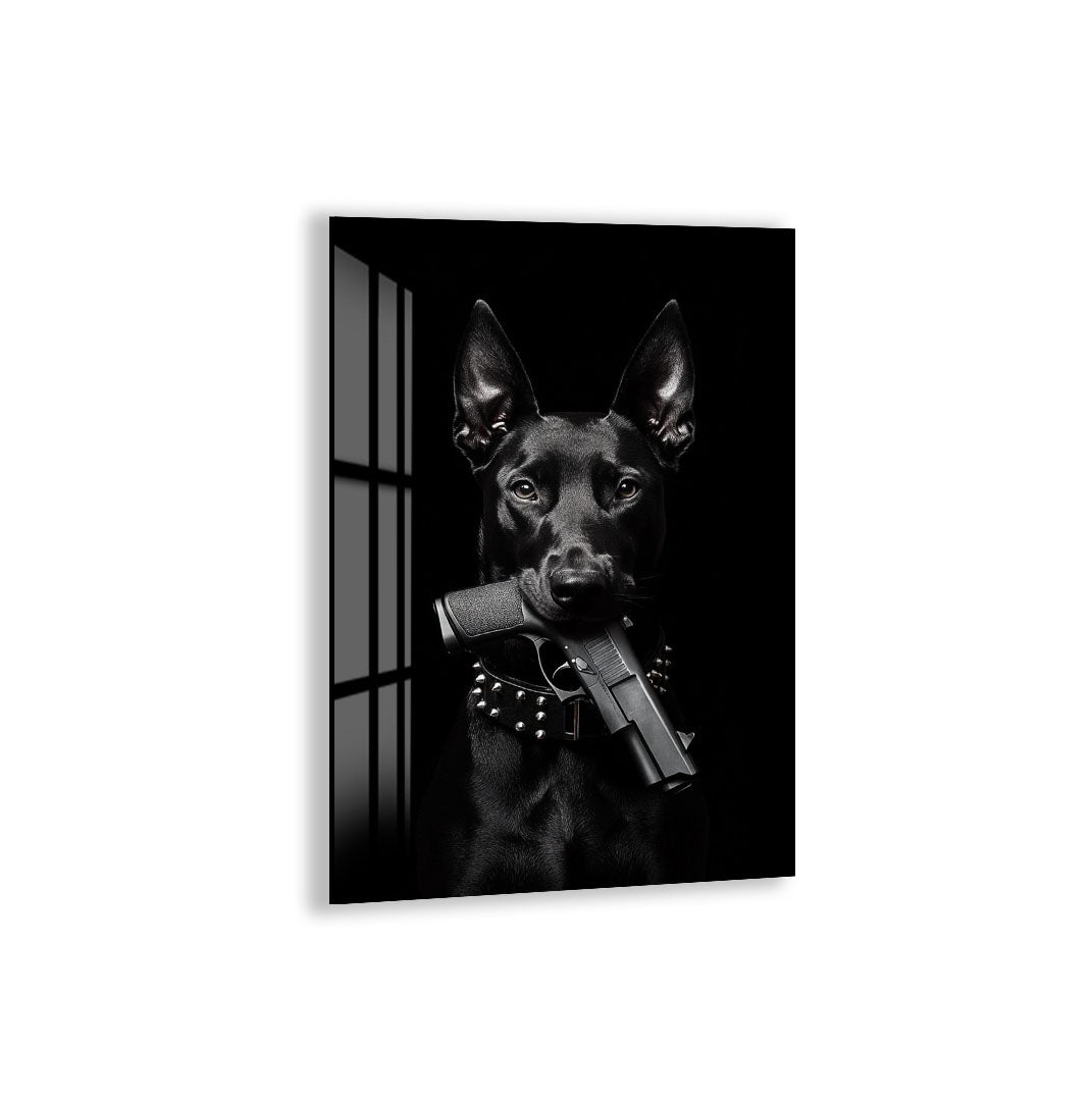 Dark Doberman Glass Wall Art – Powerful Dog with Gun Design for Bold Interiors