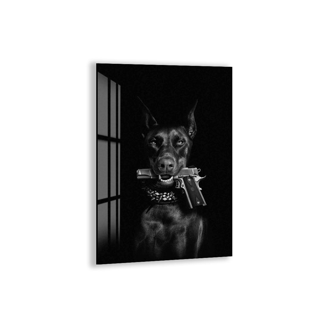 Cool Doberman Glass Wall Art – Black & White Modern Decor with Gun Design