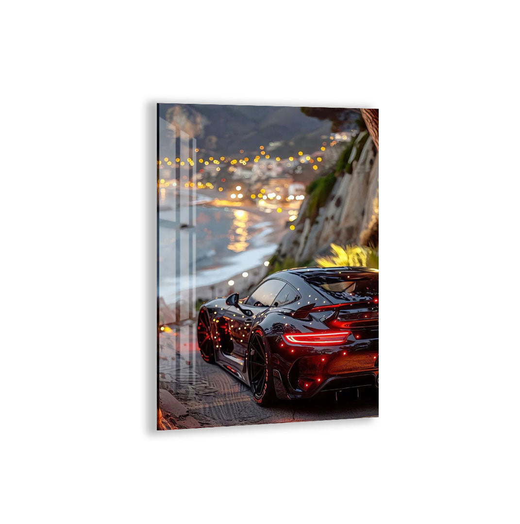Luxury Supercar Glass Wall Art – Modern Black Sports Car Decor for Home & Office