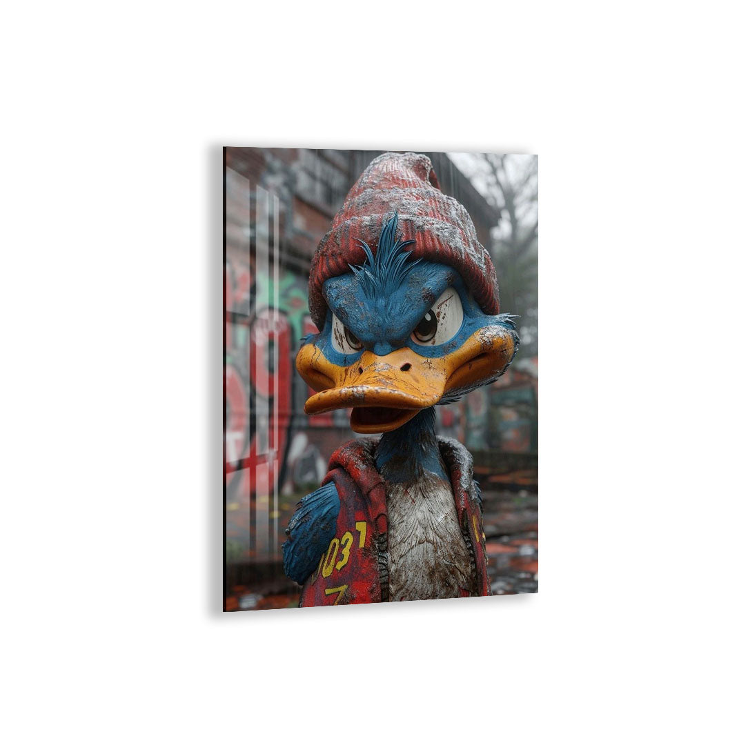 Street Duck Glass Wall Art – Urban Graffiti Style Cool Cartoon Decor