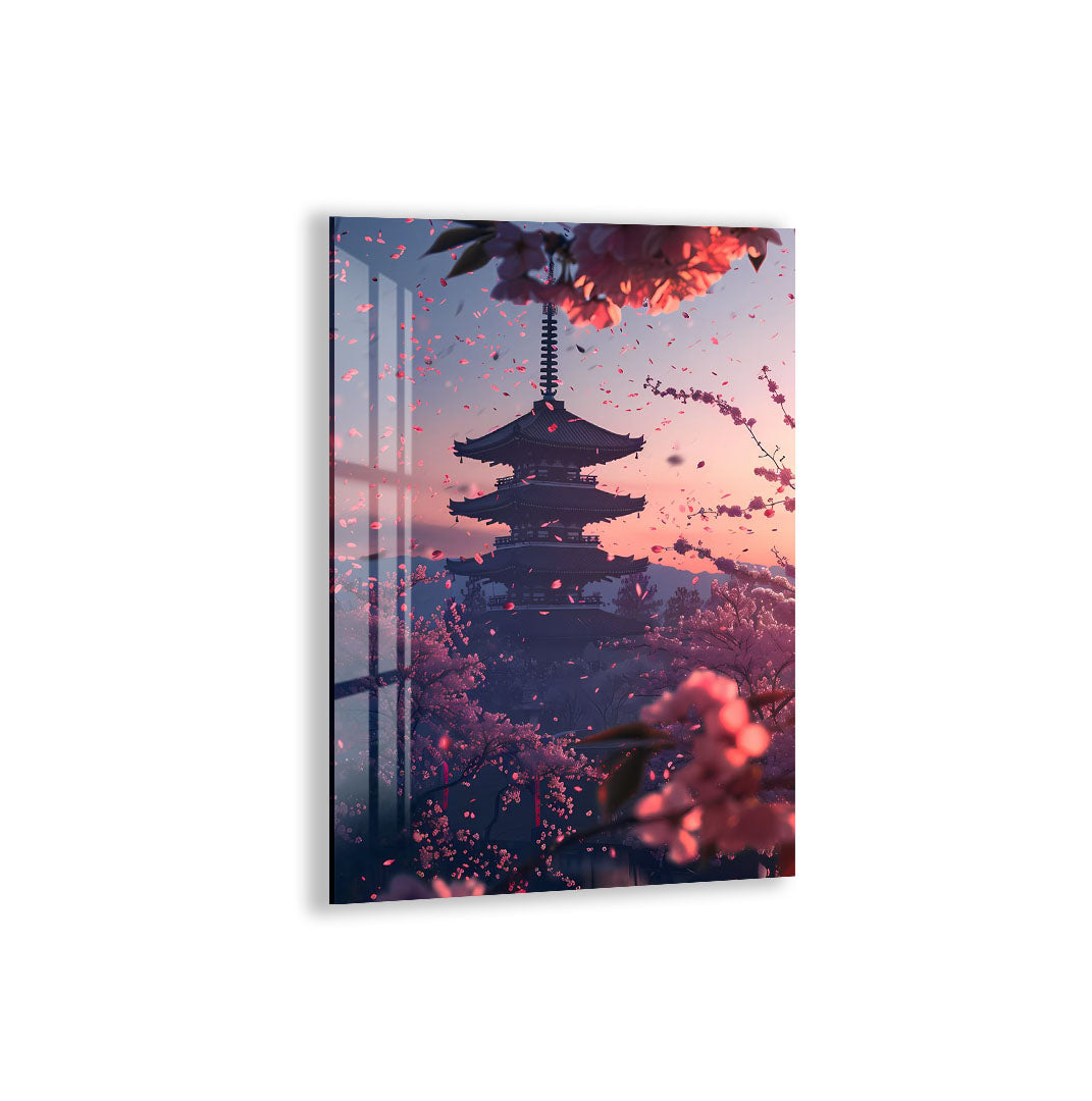 Japanese Pagoda Glass Wall Art – Cherry Blossom Sunset Decor for Modern Interiors