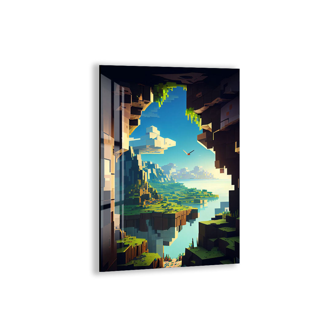 Minecraft Landscape Glass Wall Art – Pixel World Gaming Decor for Gamers