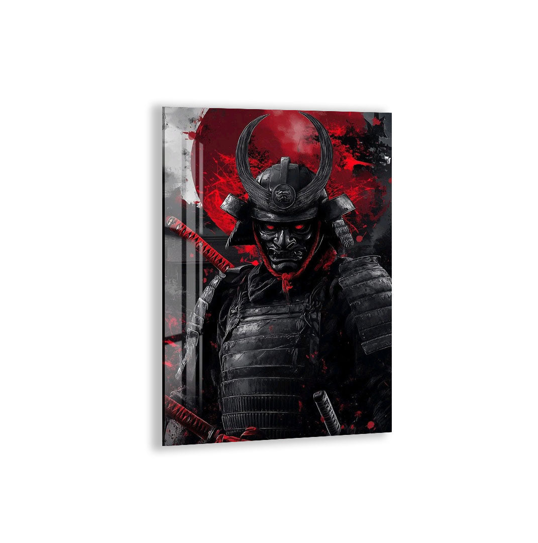 Samurai Warrior Glass Wall Art – Dark Red Japanese Gaming Poster for Modern Setups