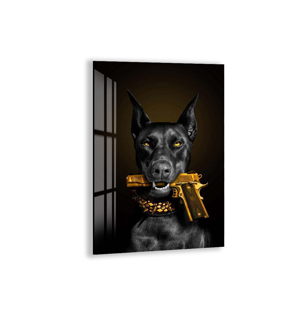 Cool Doberman Glass Wall Art – Bold Modern Decor with Golden Gun Design