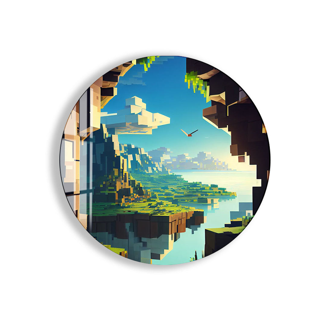 Minecraft Landscape Glass Wall Art – Pixel World Gaming Decor for Gamers