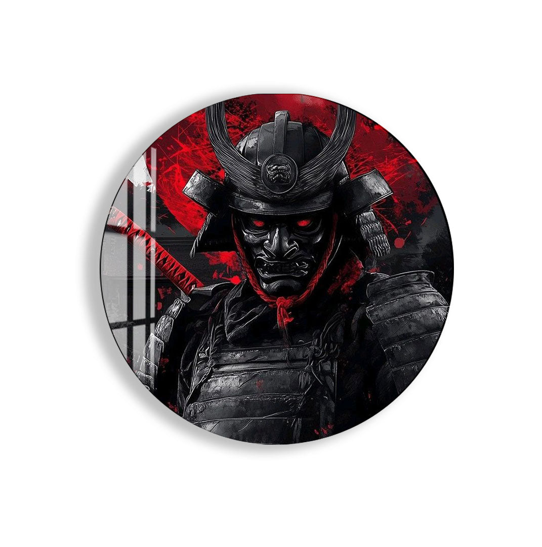 Samurai Warrior Glass Wall Art – Dark Red Japanese Gaming Poster for Modern Setups