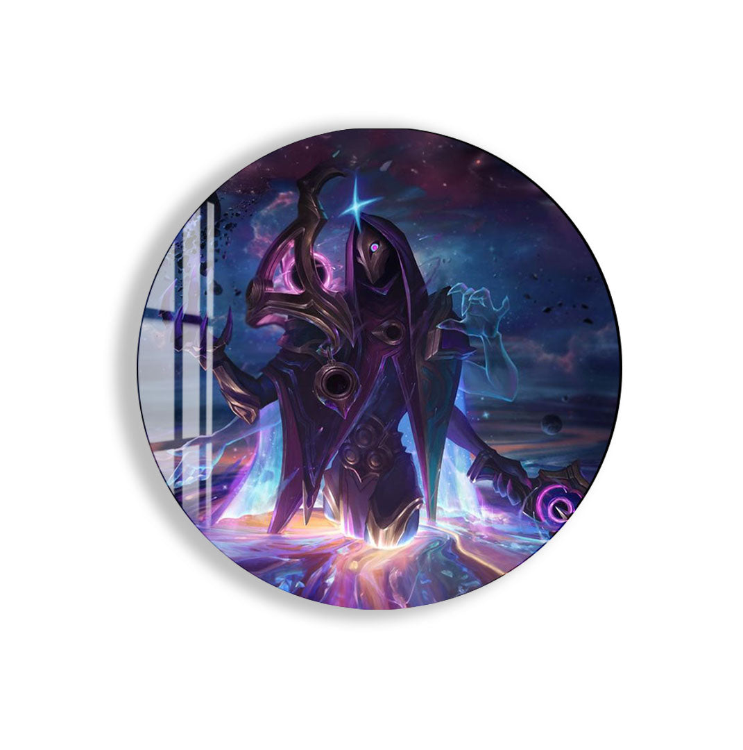 Dark Cosmic Jhin Glass Wall Art – League of Legends Gaming Poster for Modern Setups