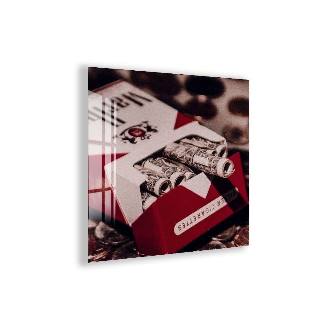 Money Cigarette Pack Glass Wall Art – Creative Pop Culture Decor for Modern Interiors