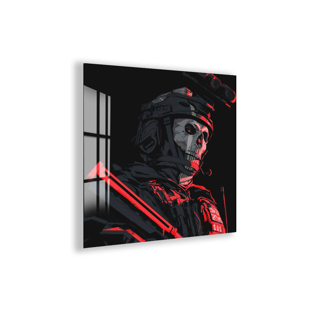 Ghost Soldier Glass Wall Art – Gaming Inspired Military Decor for Modern Interiors