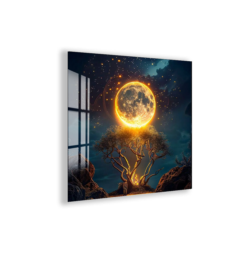 Fantasy Moon Glass Wall Art – Magical Night Tree & Moonlight Design for Modern Interiors
