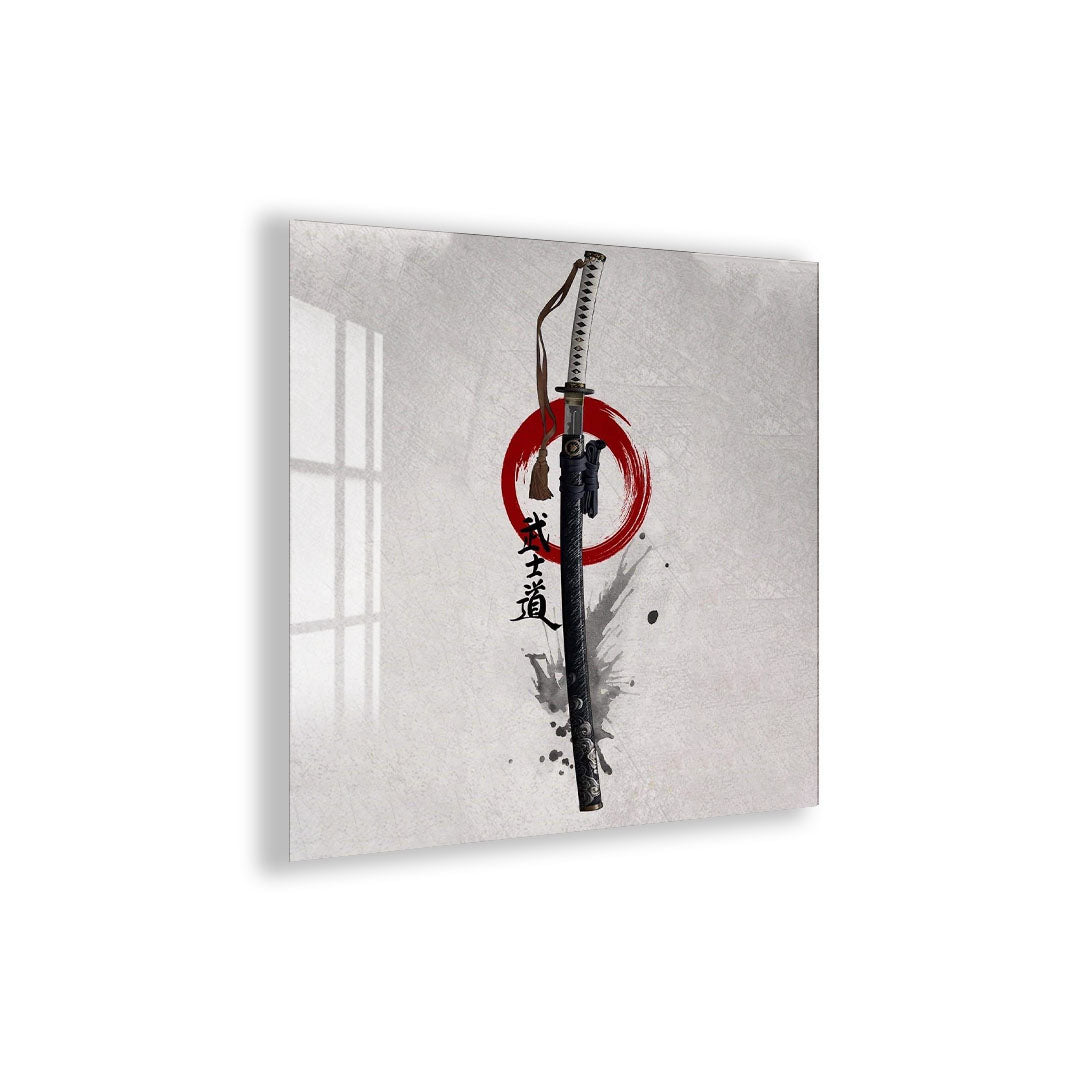 Samurai Katana Glass Wall Art – Japanese Warrior Sword Decor for Modern Interiors