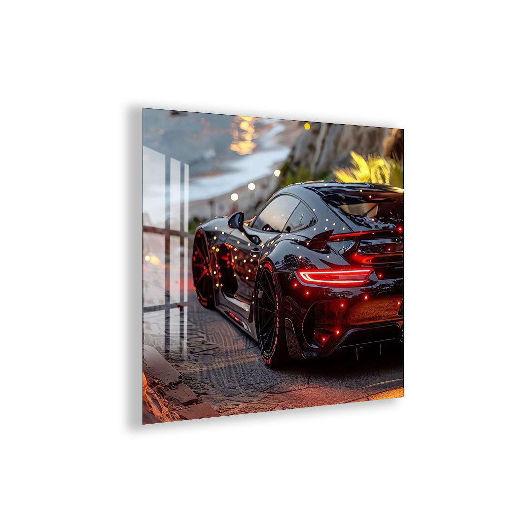 Luxury Supercar Glass Wall Art – Modern Black Sports Car Decor for Home & Office