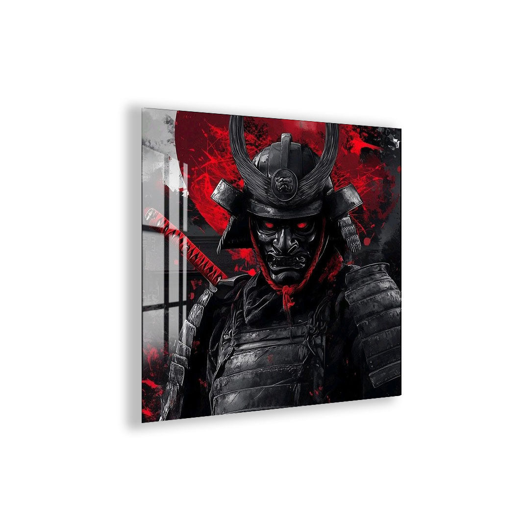 Samurai Warrior Glass Wall Art – Dark Red Japanese Gaming Poster for Modern Setups