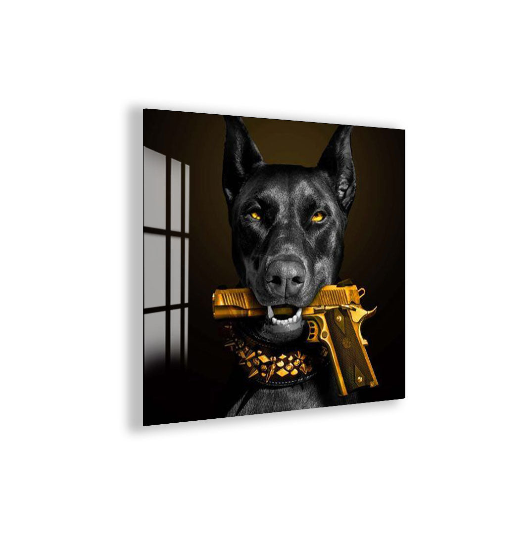 Cool Doberman Glass Wall Art – Bold Modern Decor with Golden Gun Design