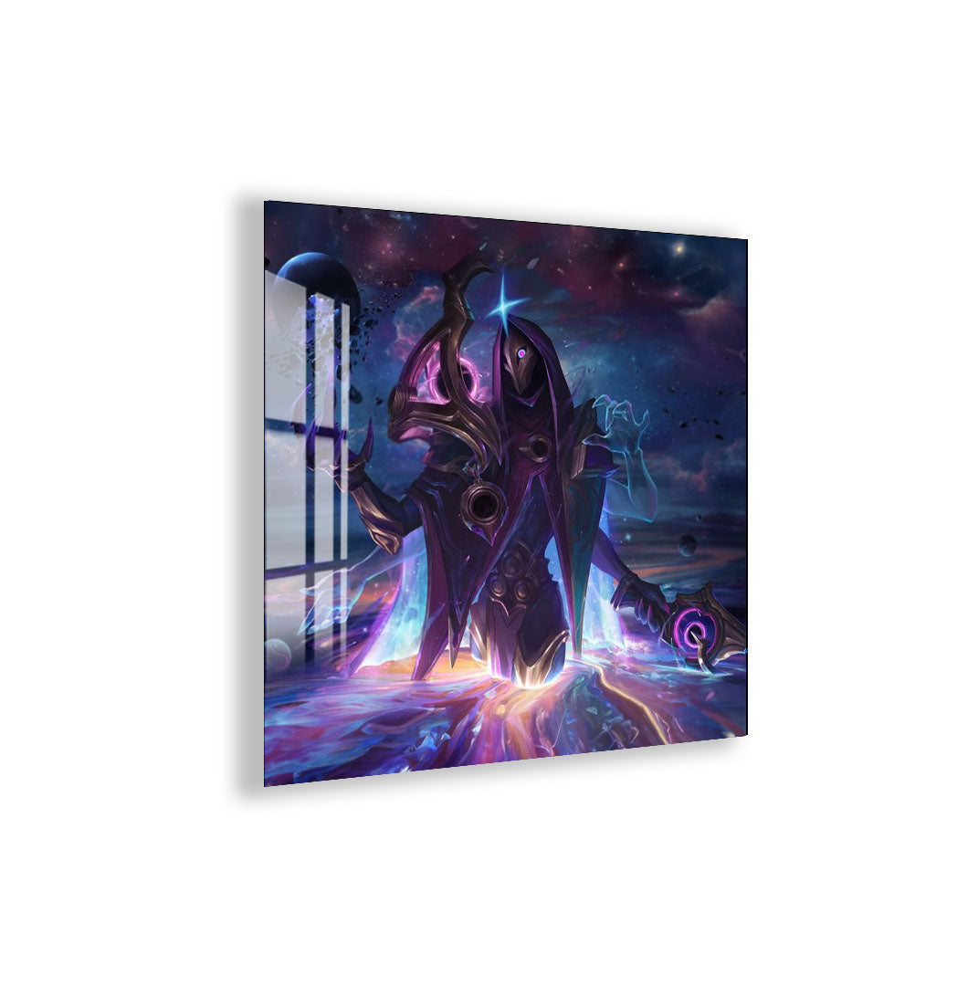 Dark Cosmic Jhin Glass Wall Art – League of Legends Gaming Poster for Modern Setups