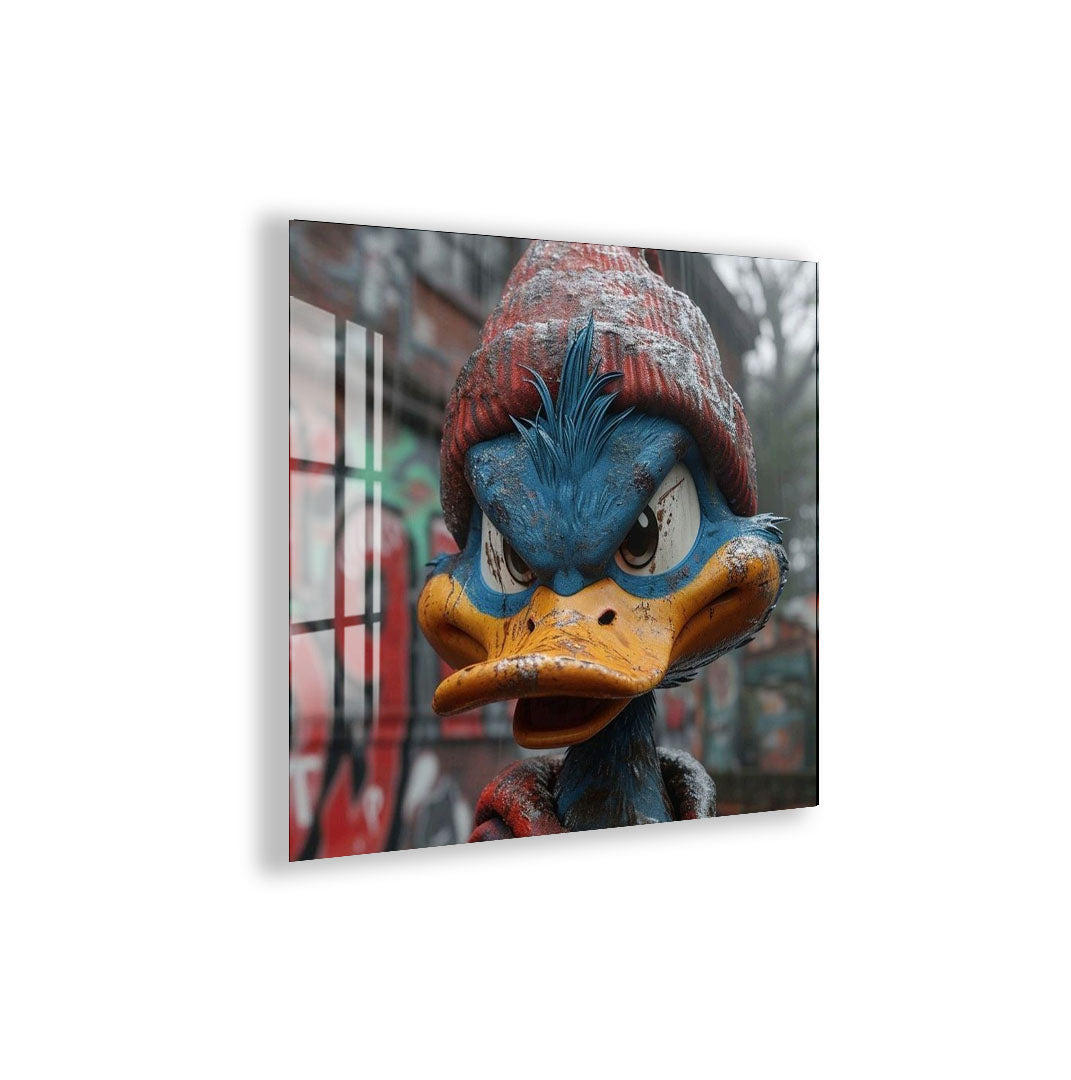 Street Duck Glass Wall Art – Urban Graffiti Style Cool Cartoon Decor