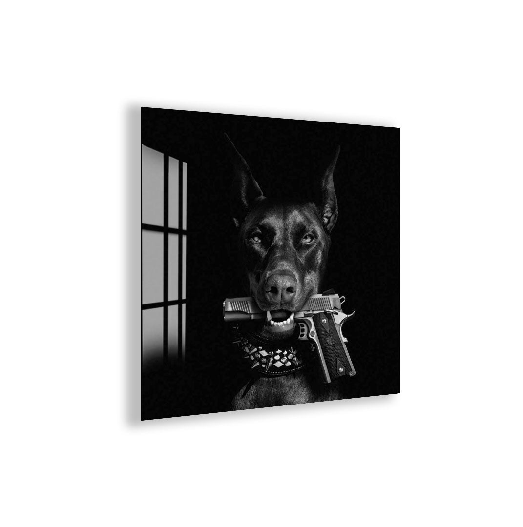 Cool Doberman Glass Wall Art – Black & White Modern Decor with Gun Design