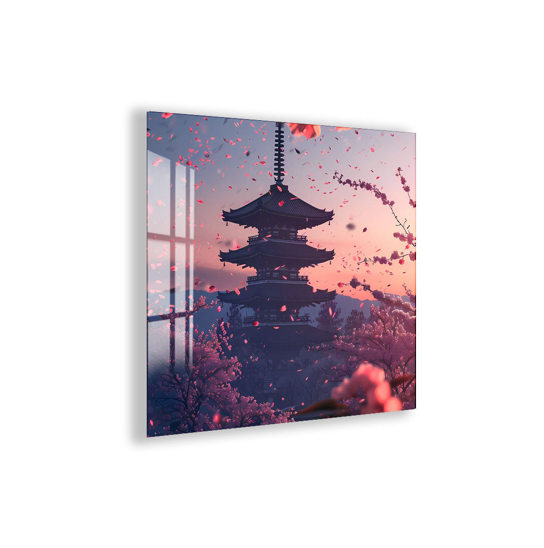 Japanese Pagoda Glass Wall Art – Cherry Blossom Sunset Decor for Modern Interiors