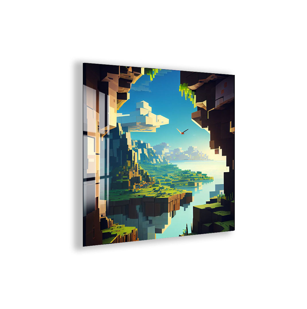 Minecraft Landscape Glass Wall Art – Pixel World Gaming Decor for Gamers