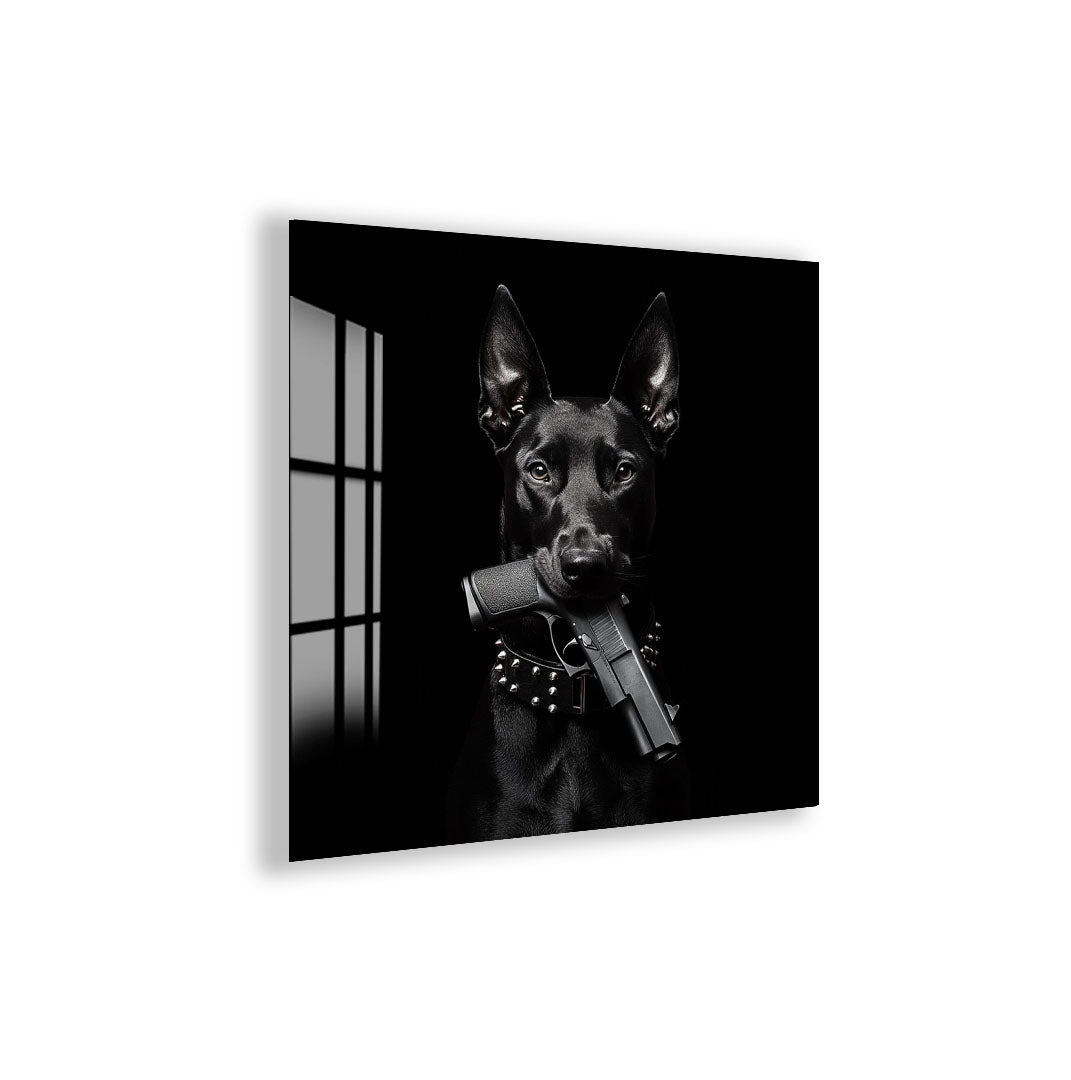 Dark Doberman Glass Wall Art – Powerful Dog with Gun Design for Bold Interiors