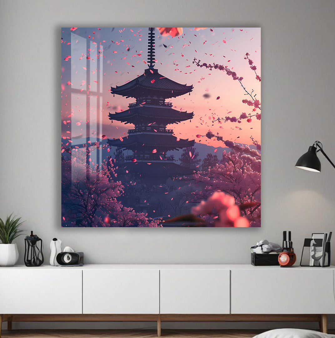 Japanese Pagoda Glass Wall Art – Cherry Blossom Sunset Decor for Modern Interiors