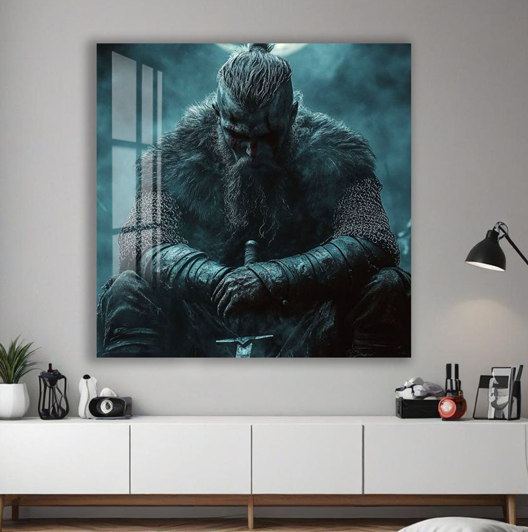 Vikings Glass Wall Art – Viking Warrior Under the Moon Poster
