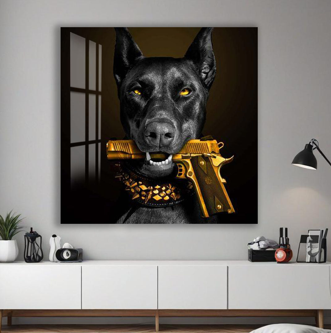 Cool Doberman Glass Wall Art – Bold Modern Decor with Golden Gun Design