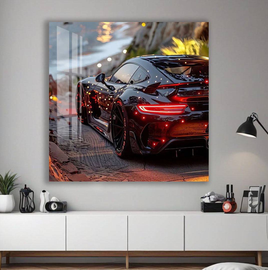Luxury Supercar Glass Wall Art – Modern Black Sports Car Decor for Home & Office