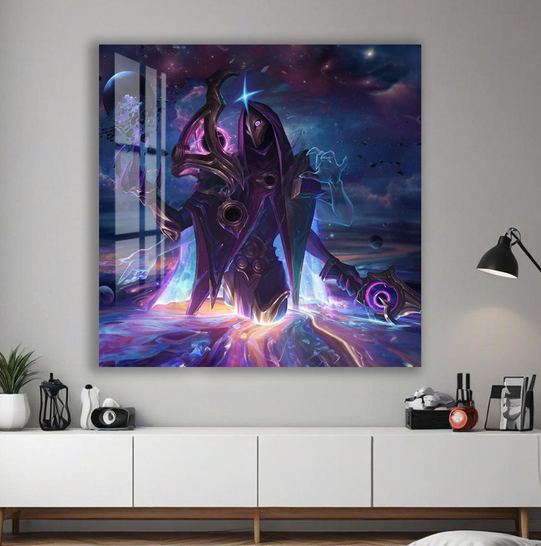 Dark Cosmic Jhin Glass Wall Art – League of Legends Gaming Poster for Modern Setups