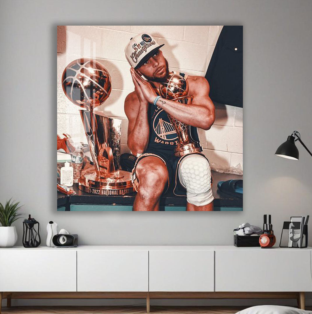 Stephen Curry Glass Wall Art – NBA Champion Trophy Celebration Decor