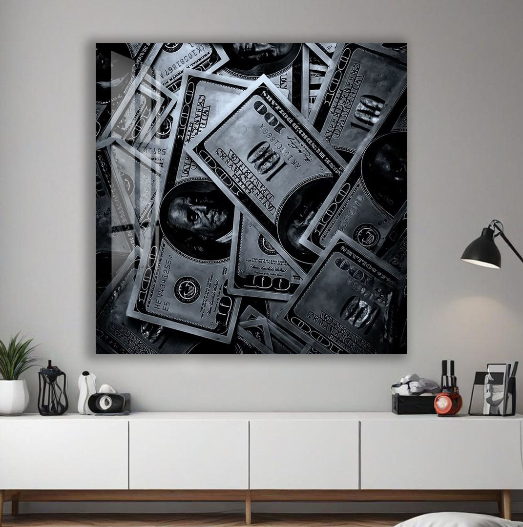 Money Glass Wall Art – Cool Black and White Dollar Design for Modern Interiors