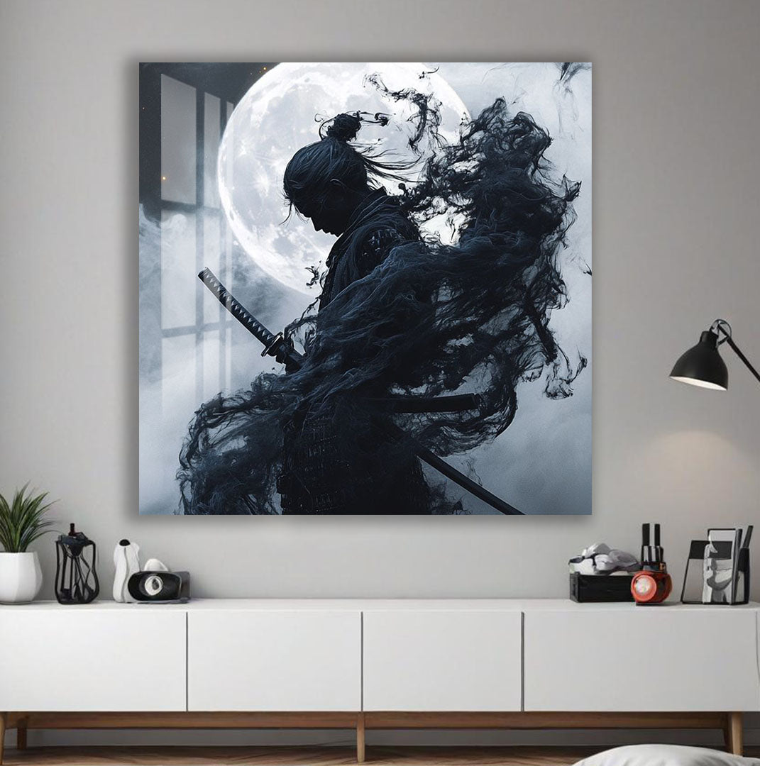 Samurai Warrior Moon Glass Wall Art – Epic Gaming & Fantasy Decor for Modern Interiors