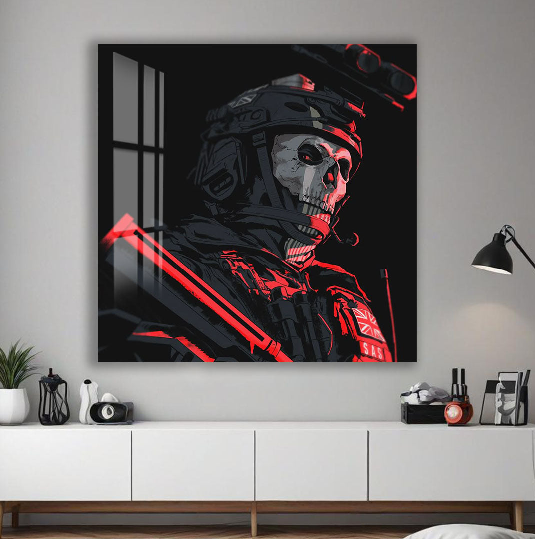 Ghost Soldier Glass Wall Art – Gaming Inspired Military Decor for Modern Interiors