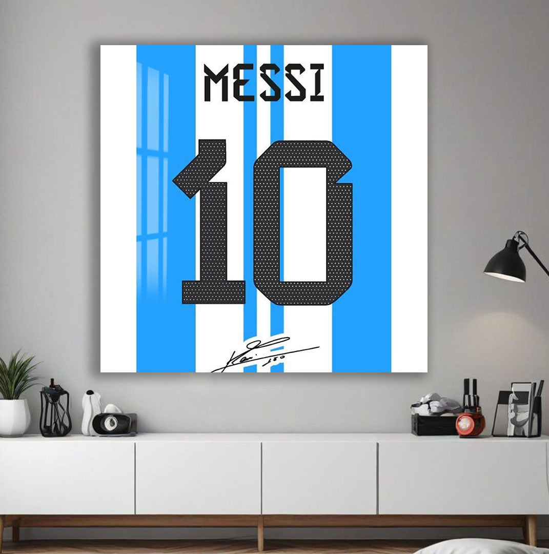 Lionel Messi Glass Wall Art – Iconic Argentina Number 10 Jersey Sports Decor