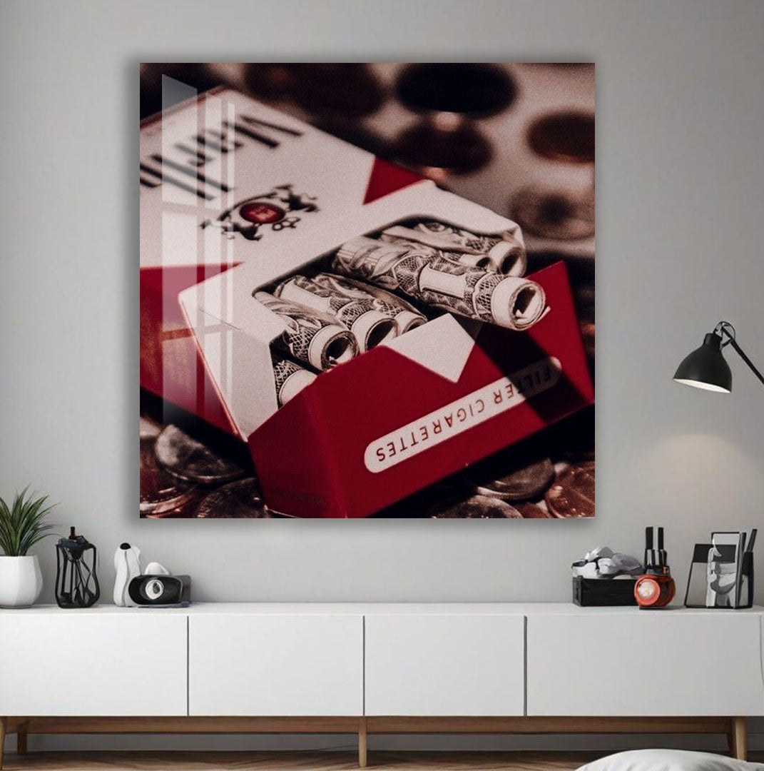 Money Cigarette Pack Glass Wall Art – Creative Pop Culture Decor for Modern Interiors
