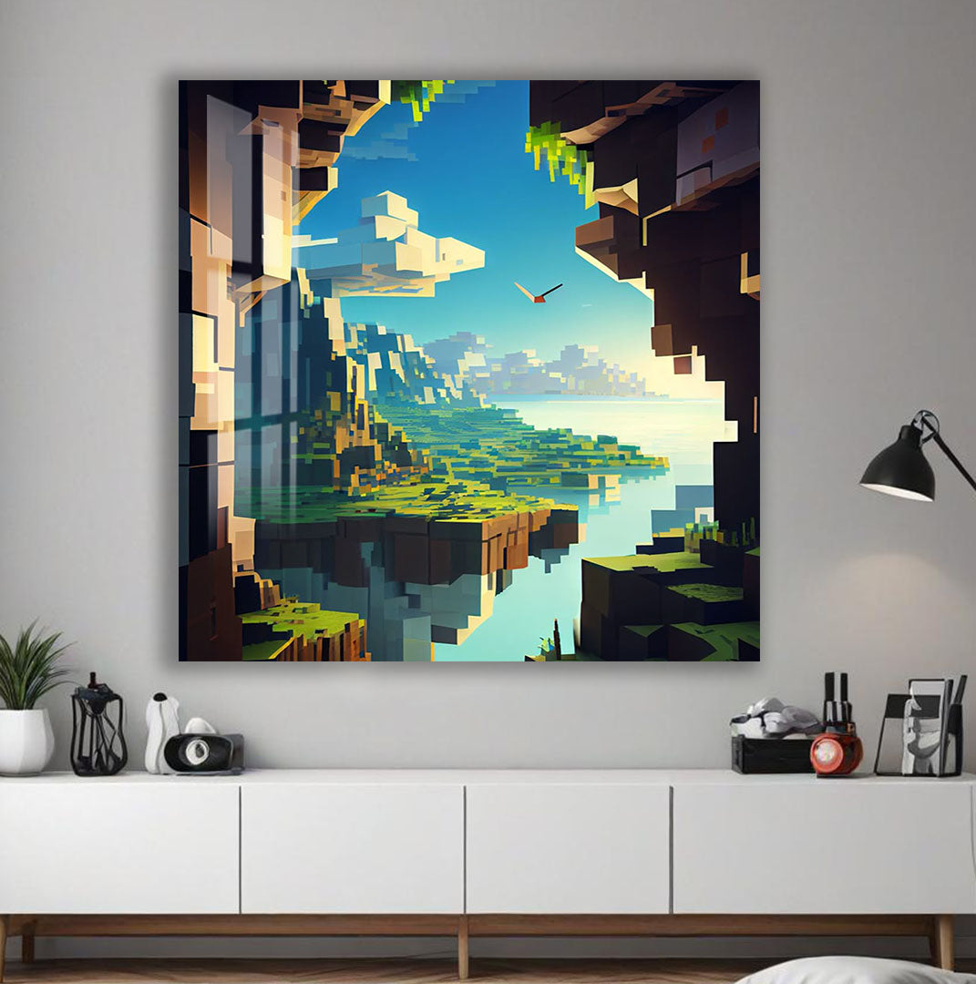 Minecraft Landscape Glass Wall Art – Pixel World Gaming Decor for Gamers