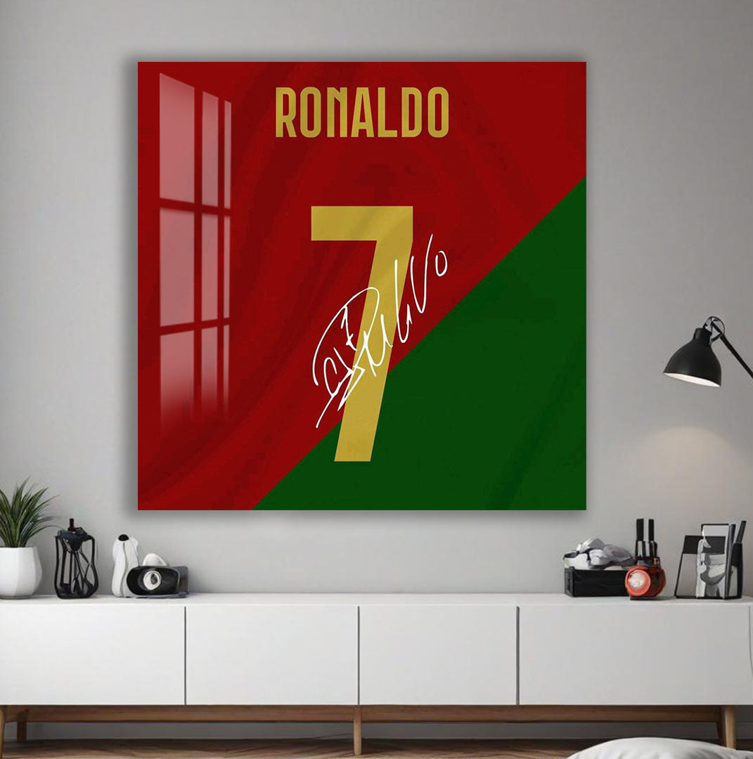 Cristiano Ronaldo Glass Wall Art – Iconic Portugal Number 7 Jersey Sports Decor