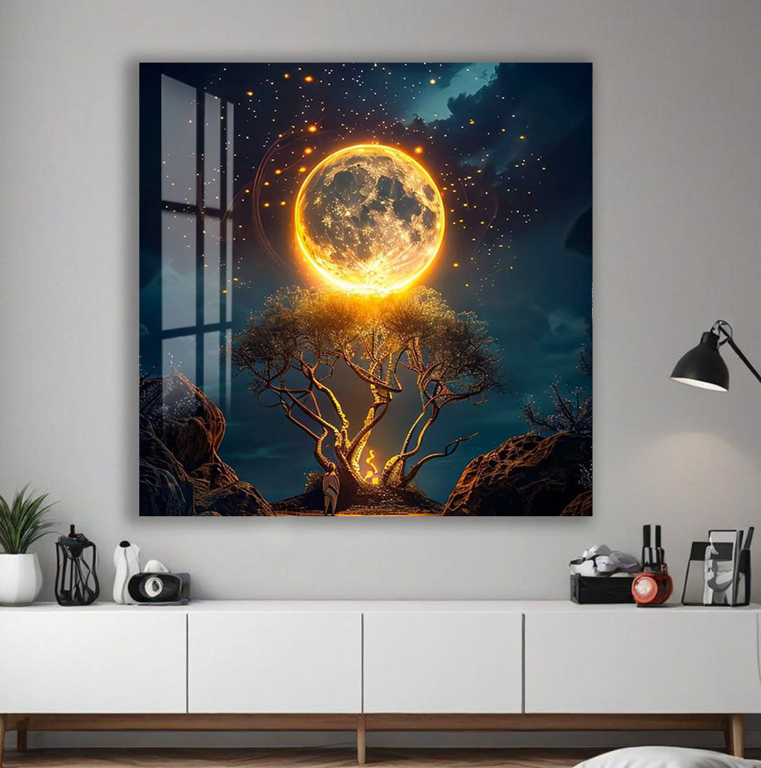 Fantasy Moon Glass Wall Art – Magical Night Tree & Moonlight Design for Modern Interiors