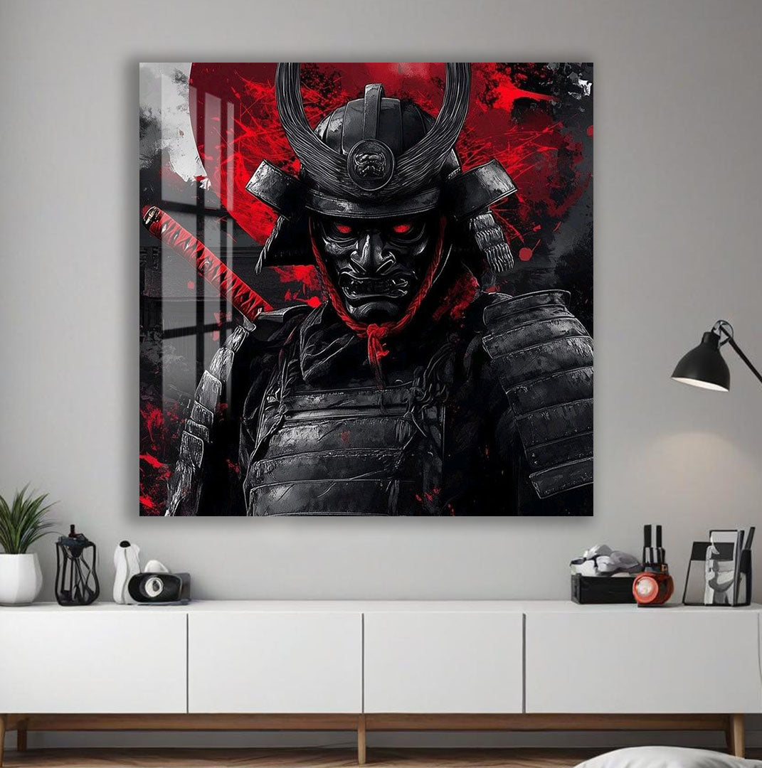 Samurai Warrior Glass Wall Art – Dark Red Japanese Gaming Poster for Modern Setups