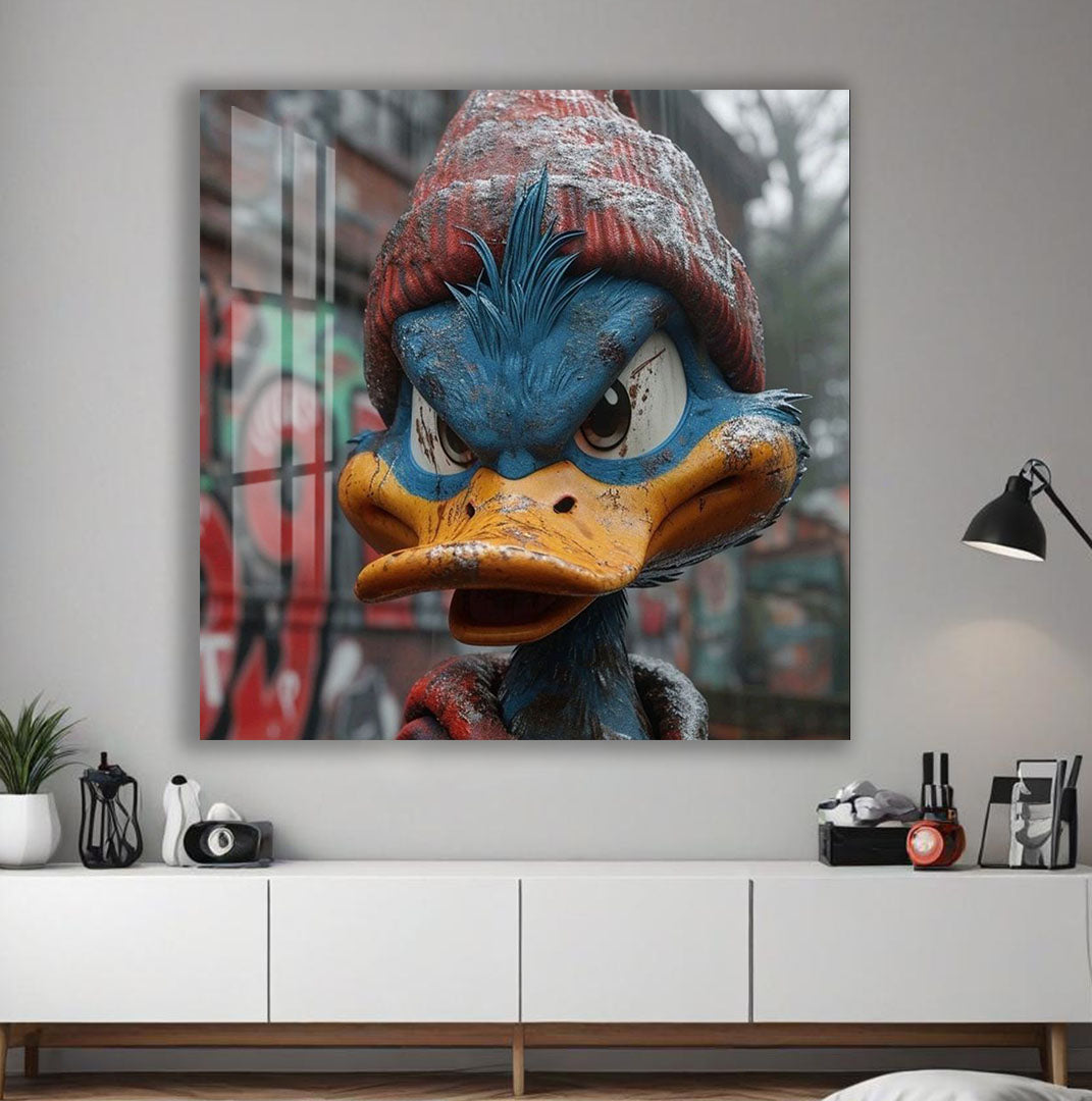 Street Duck Glass Wall Art – Urban Graffiti Style Cool Cartoon Decor