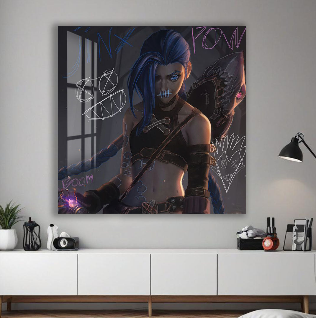 Jinx Arcane Glass Wall Art – League of Legends Gaming Poster for Gamers