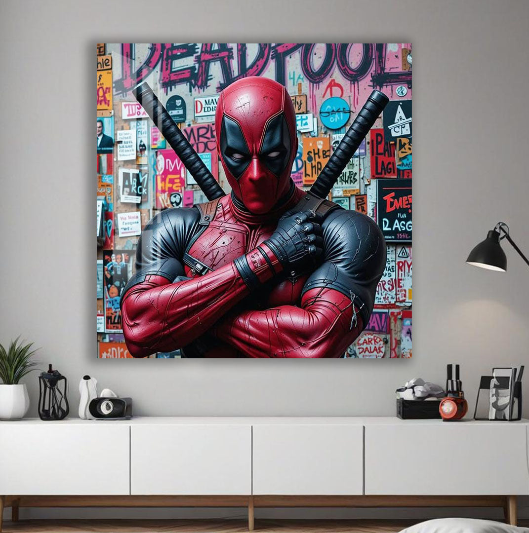 Deadpool Graffiti Glass Wall Art – Marvel Superhero Home Decor