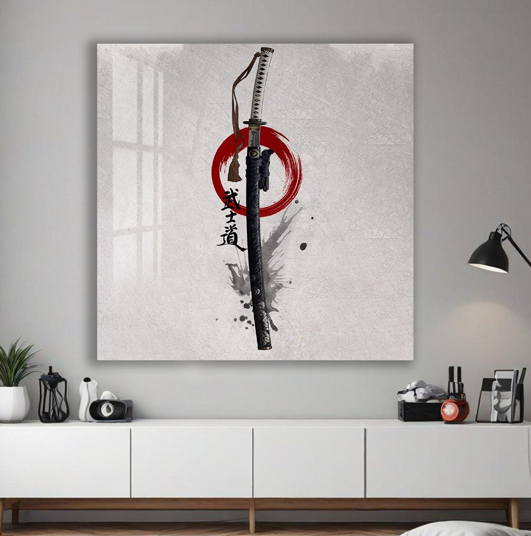 Samurai Katana Glass Wall Art – Japanese Warrior Sword Decor for Modern Interiors