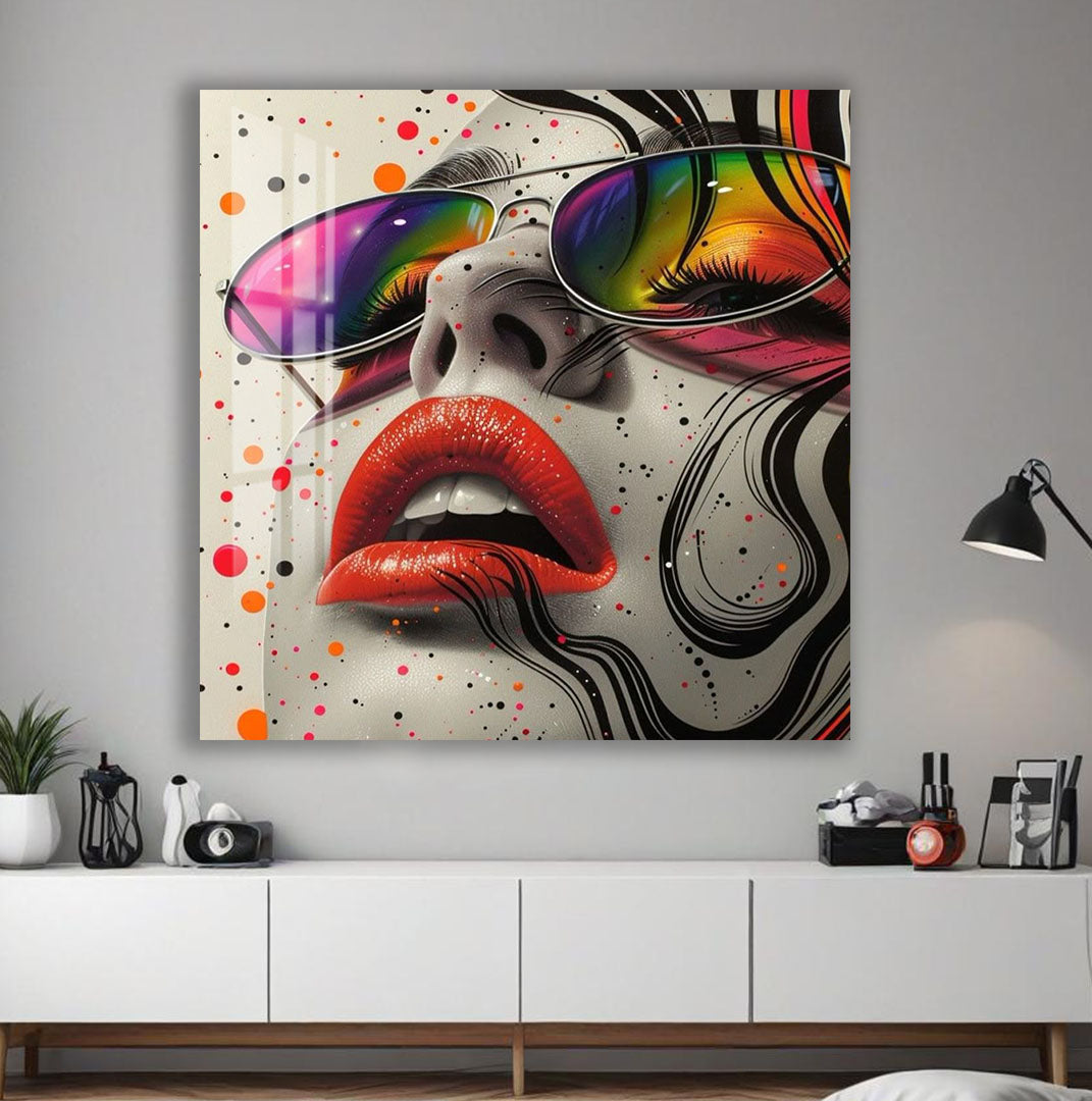 Cool Pop Art Glass Wall Art – Vibrant Woman with Sunglasses Modern Decor