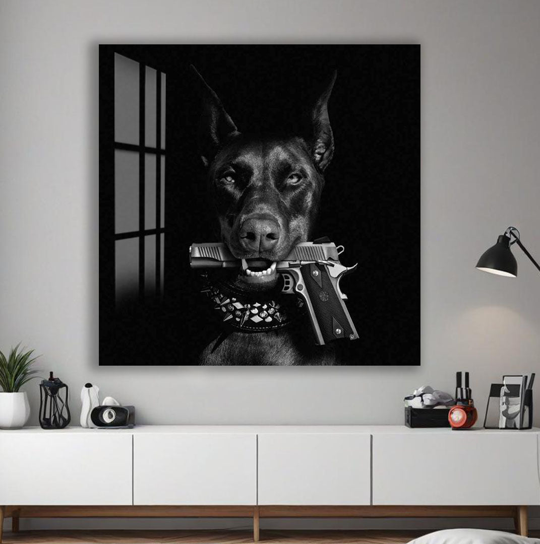 Cool Doberman Glass Wall Art – Black & White Modern Decor with Gun Design