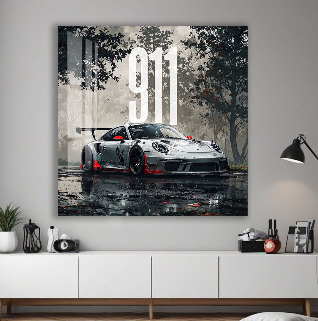Porsche 911 Glass Wall Art – Luxury Sports Car Decor for Modern Interiors
