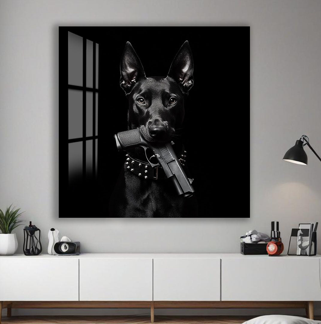 Dark Doberman Glass Wall Art – Powerful Dog with Gun Design for Bold Interiors