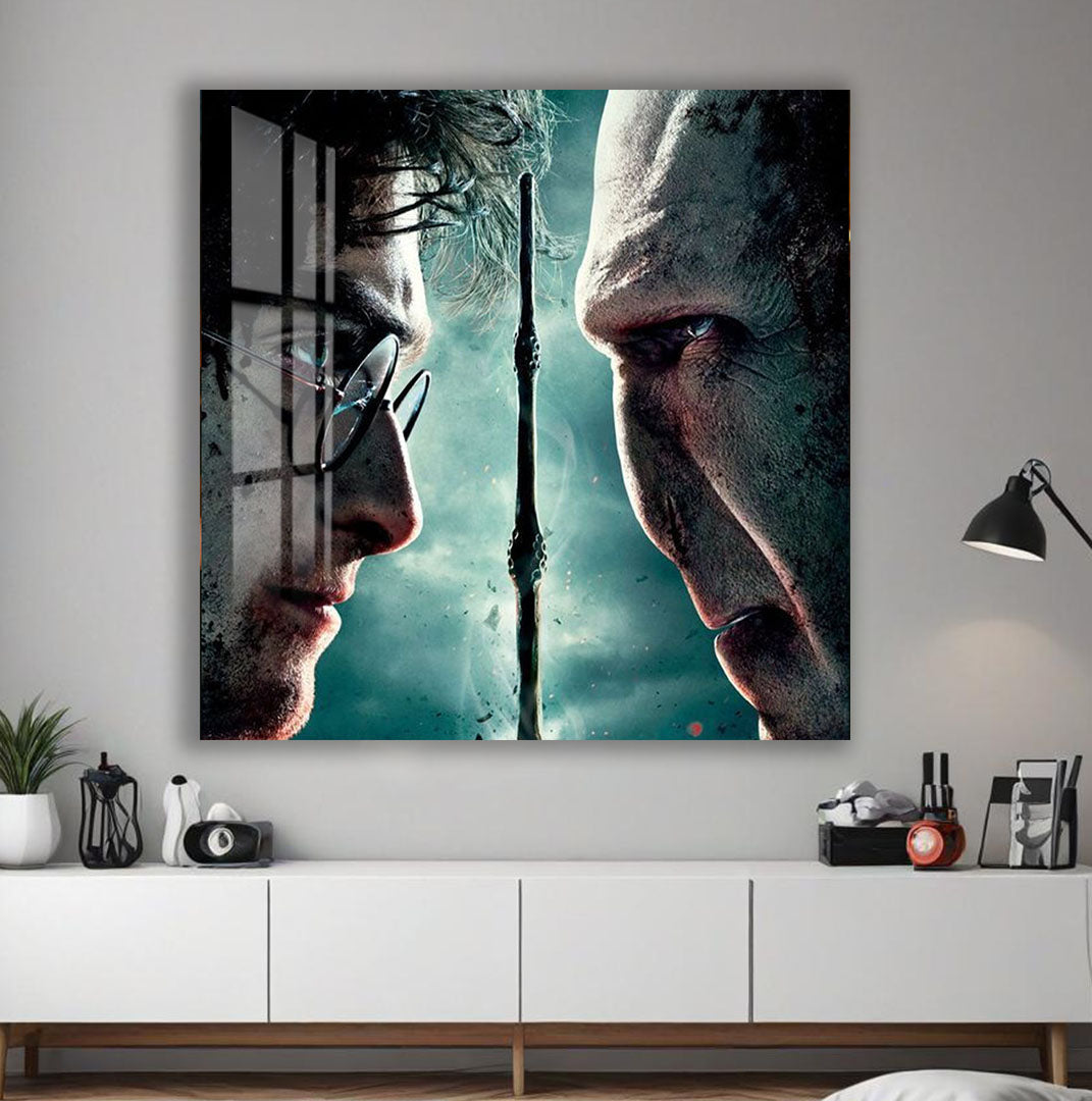 Harry Potter vs Voldemort Glass Wall Art – Deathly Hallows Movie Poster Decor